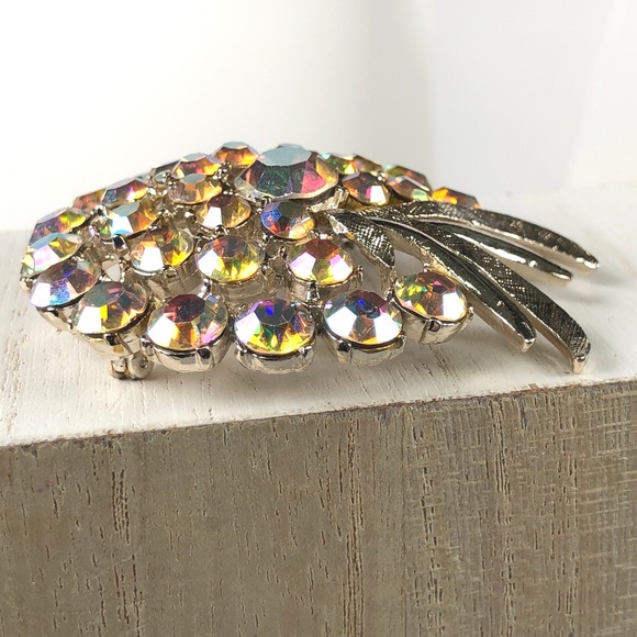 Vtg 50s Arthur Pepper Brooch Aurora Borealis Rhinestone Gold Tone Floral Spray - Picture 7 of 9